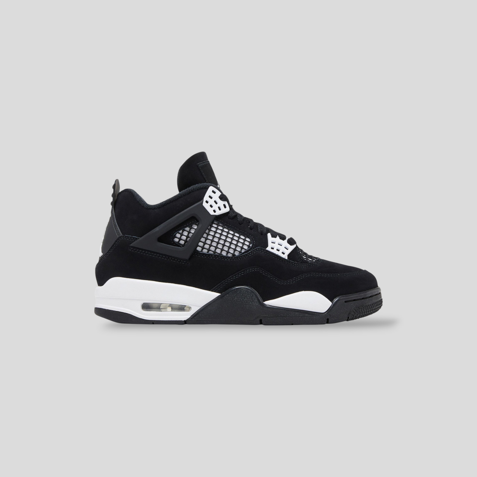 CLB XXIII Air Jordan 4 Retro White Thunder sneaker in black suede with white mesh and supportive wing details