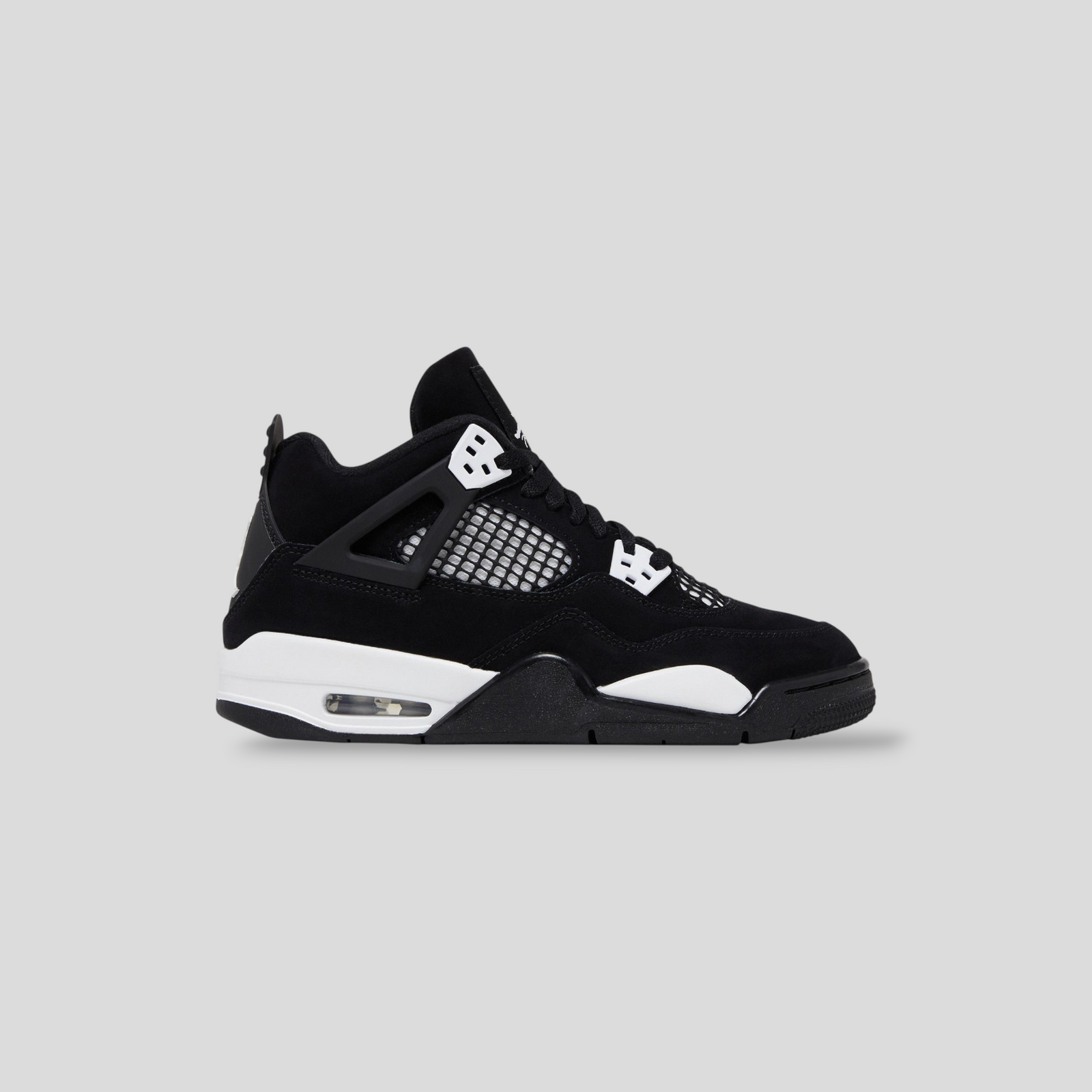 CLB XXIII Air Jordan 4 Retro GS White Thunder sneaker in black and white with mesh side panels and visible Air unit