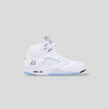 CLB XXIII Air Jordan 5 Retro White Metallic sneaker with white leather upper, silver accents, and icy blue outsole.