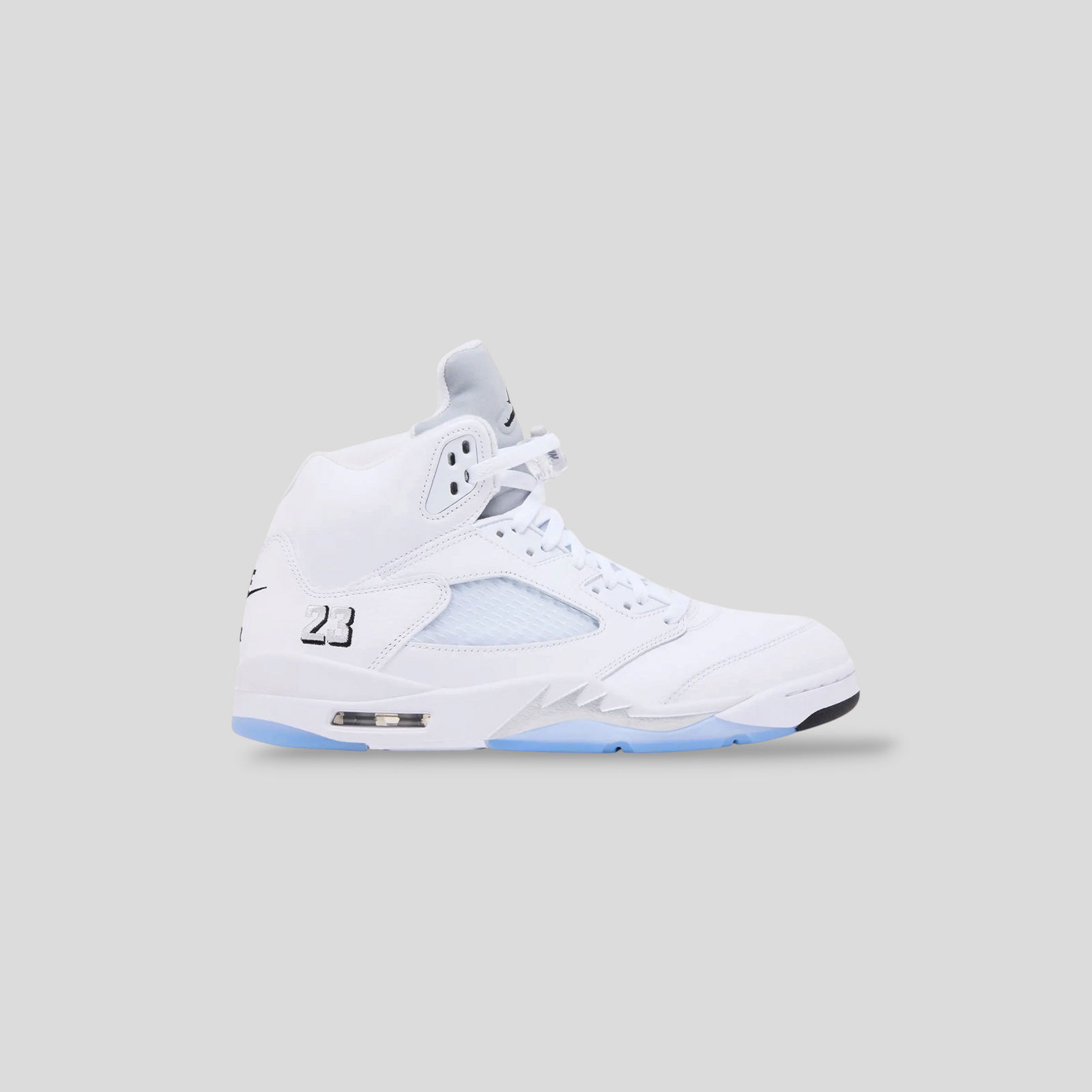 CLB XXIII Air Jordan 5 Retro White Metallic sneaker with white leather upper, silver accents, and icy blue outsole.