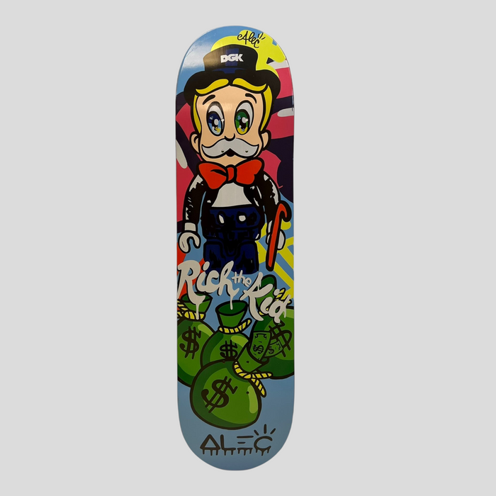 CLB XXIII limited edition Alec Monopoly x Rich The Kid skateboard deck featuring colorful pop art character graphics