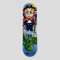 CLB XXIII Alec Monopoly x Rich The Kid limited edition skateboard deck featuring colorful cartoon money bag art