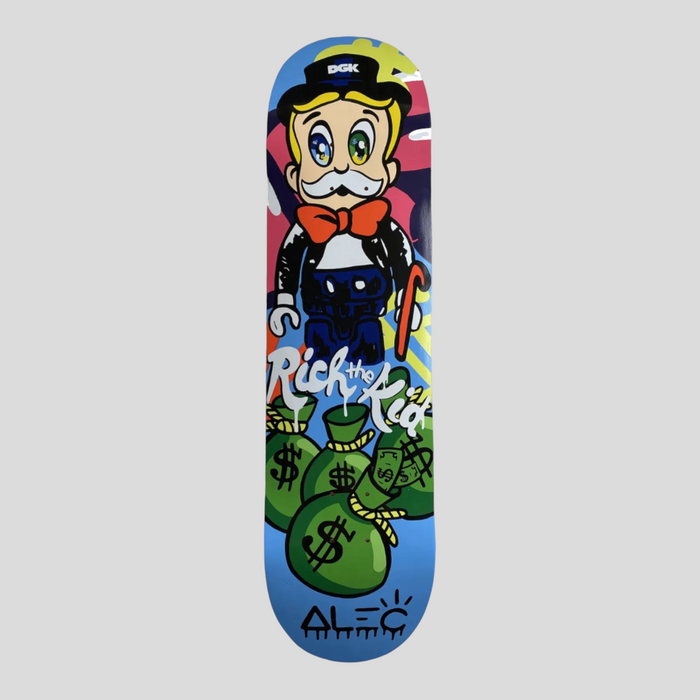 CLB XXIII Alec Monopoly x Rich The Kid limited edition skateboard deck featuring colorful cartoon money bag art