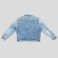Back view of a CLB XXIII All Saints indigo acid wash denim jacket made from 100% cotton.