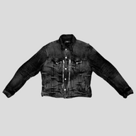 CLB XXIII AMIRI MX2 aged black denim trucker jacket with silver zipper details and bandana patch accents