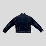 CLB XXIII AMIRI Shotgun denim trucker jacket in aged black cotton with distressed collar detail, back view.