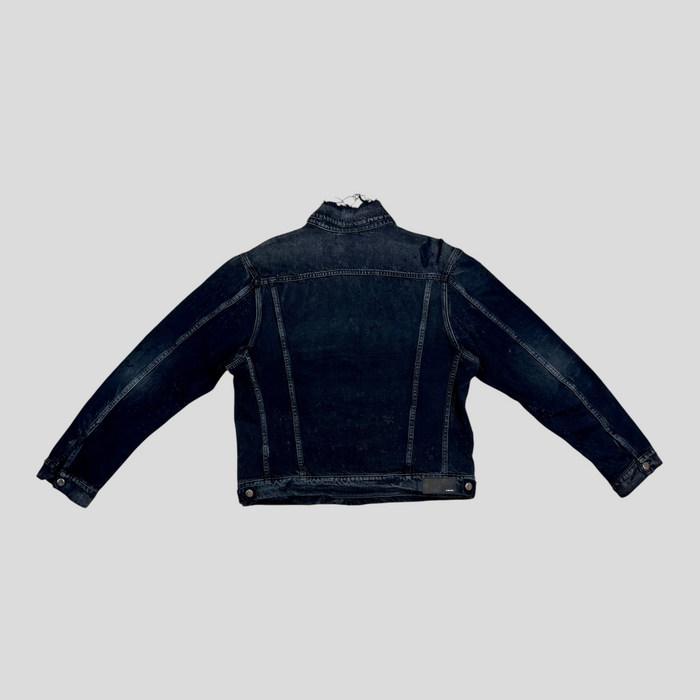 CLB XXIII AMIRI Shotgun denim trucker jacket in aged black cotton with distressed collar detail, back view.