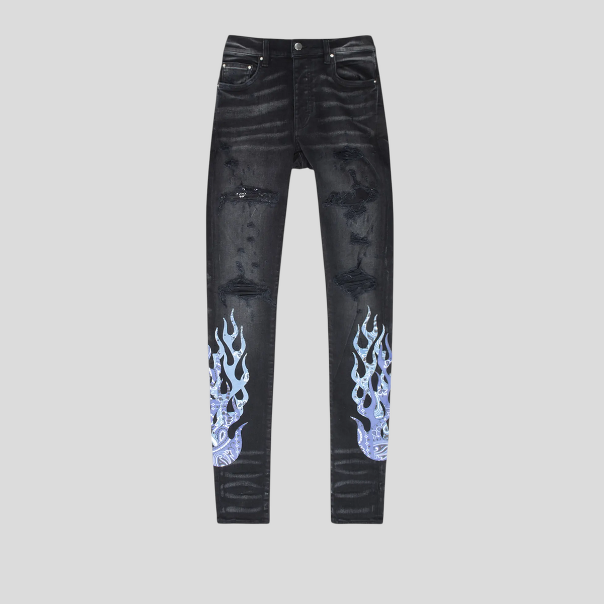 CLB XXIII Amiri black denim jeans featuring distressed details and blue bandana flame print on the lower legs.