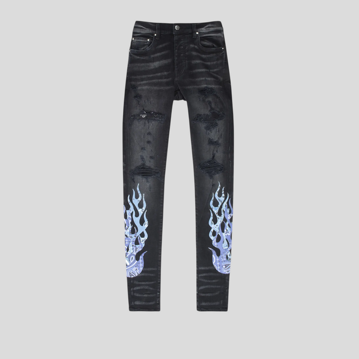 CLB XXIII Amiri black denim jeans featuring distressed details and blue bandana flame print on the lower legs.