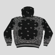 CLB XXIII Amiri black cotton and cashmere basketball hoodie featuring a white bandana print and striped ribbed trim.