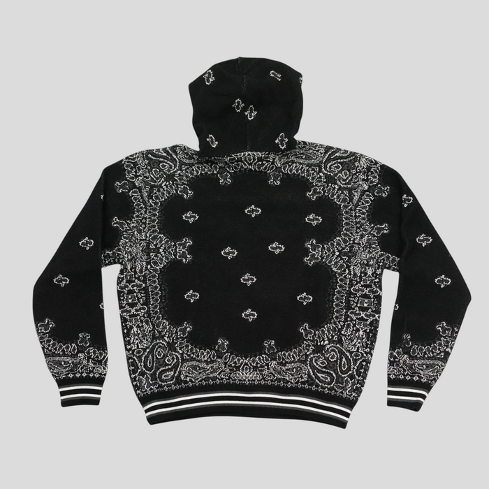 CLB XXIII Amiri black cotton and cashmere basketball hoodie featuring a white bandana print and striped ribbed trim.