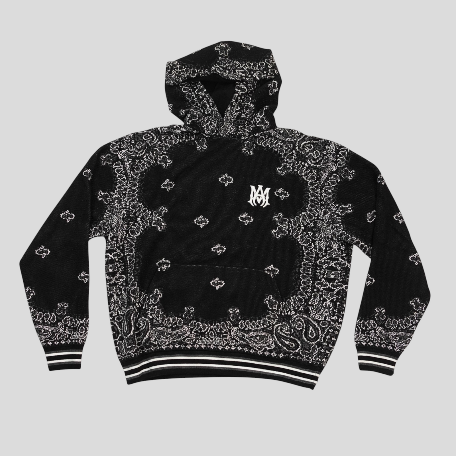 CLB XXIII Amiri black cotton and cashmere basketball hoodie with white bandana print and embroidered logo