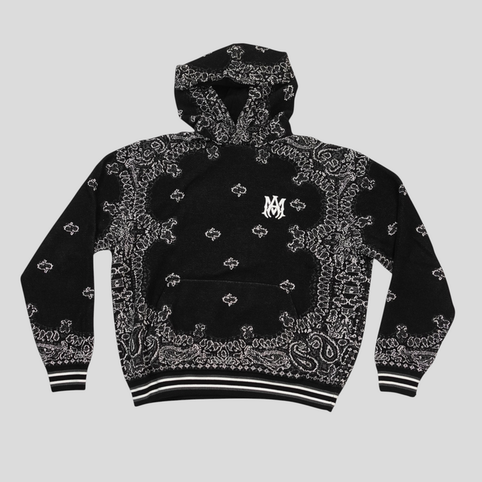 CLB XXIII Amiri black cotton and cashmere basketball hoodie with white bandana print and embroidered logo