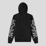 CLB XXIII Amiri black cotton hoodie featuring a white checkered bones graphic print on the sleeves, back view.