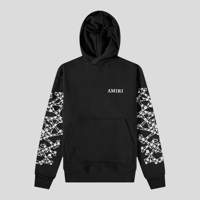 CLB XXIII Amiri black cotton hoodie featuring white checkered bone graphics on the sleeves and front logo print.