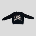 CLB XXIII Amiri black cotton crewneck sweatshirt with distressed collegiate logo lettering on the chest