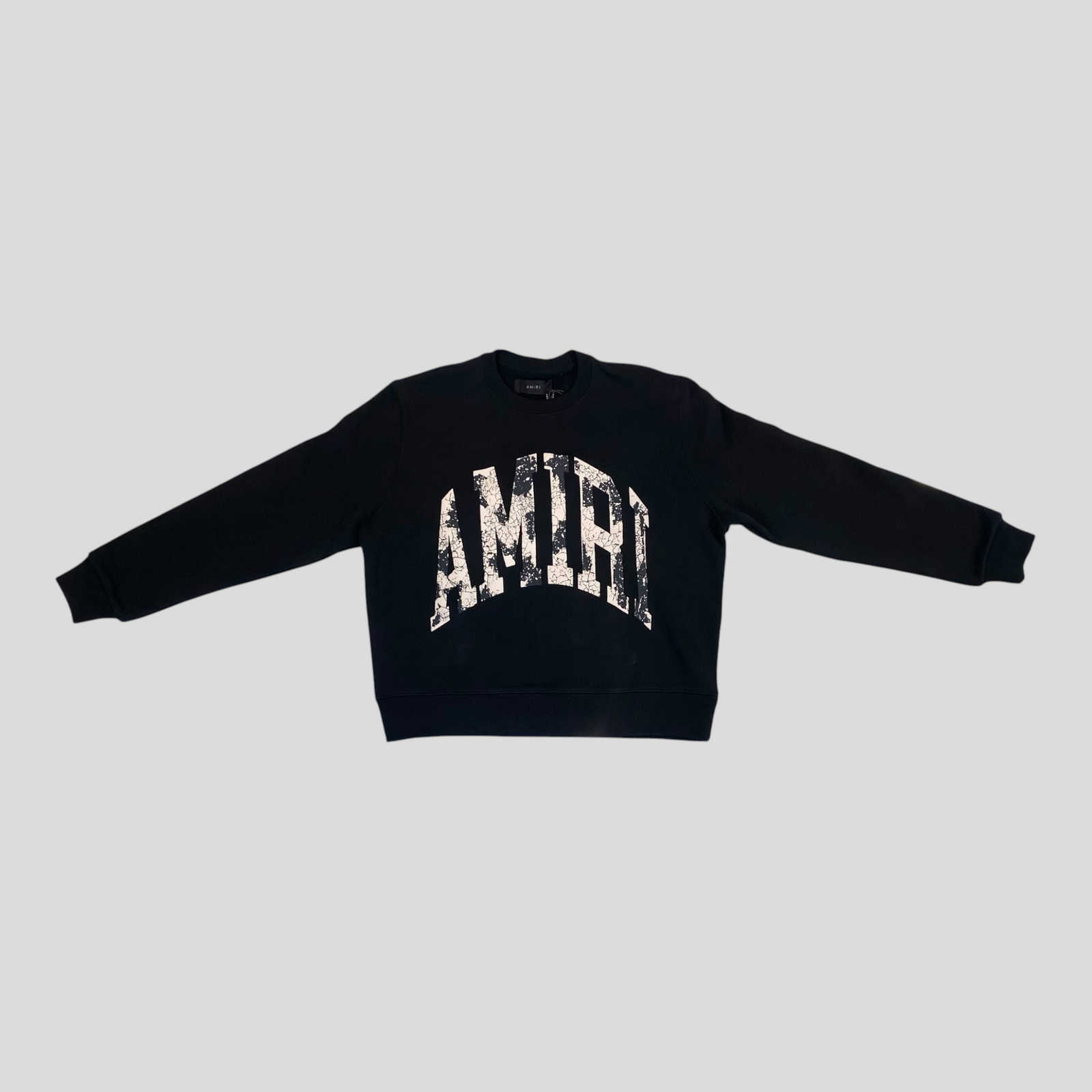 CLB XXIII Amiri black cotton crewneck sweatshirt with distressed collegiate logo lettering on the chest