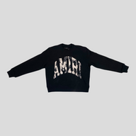 CLB XXIII Amiri black cotton crewneck sweatshirt with distressed collegiate logo lettering on the chest