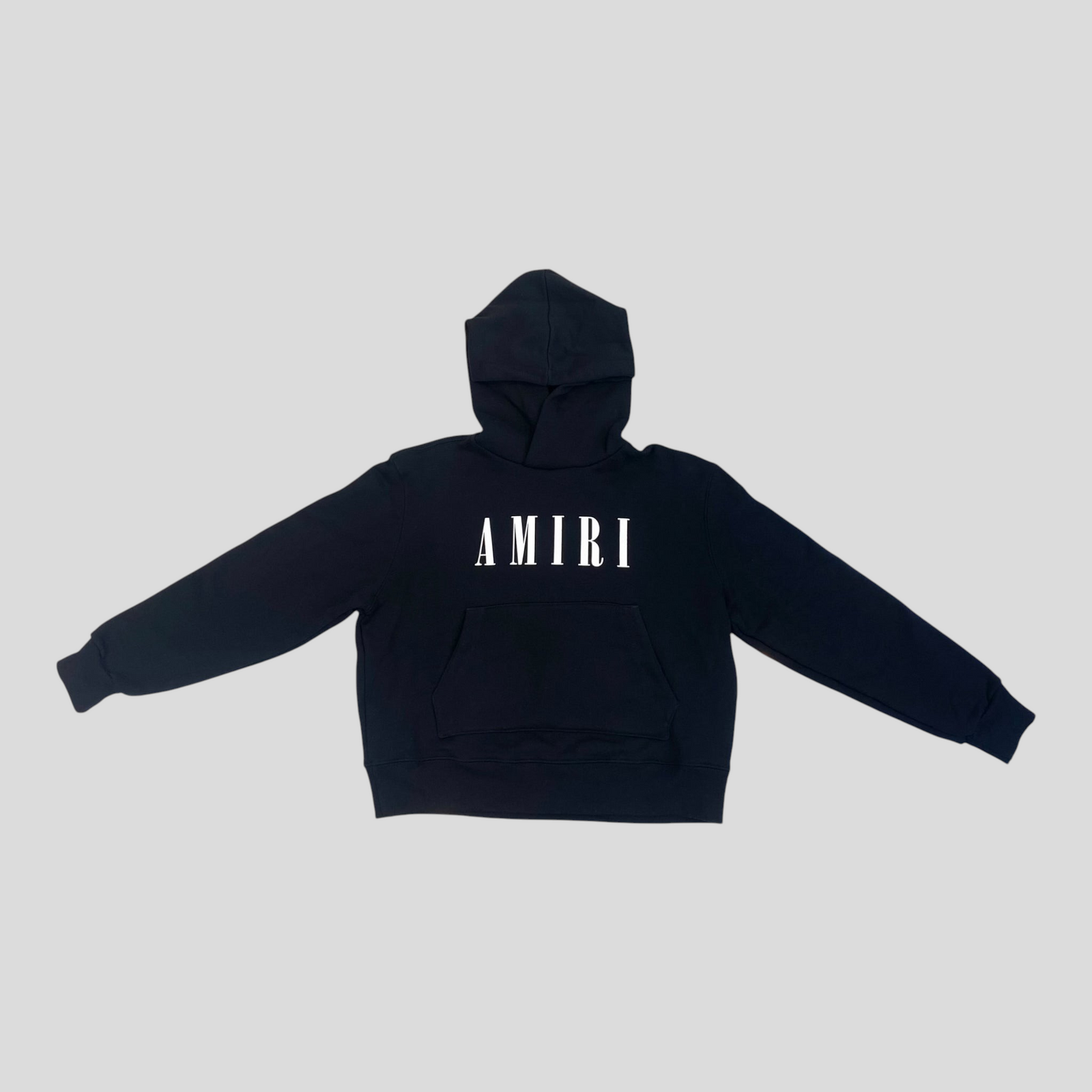 CLB XXIII Amiri black cotton hoodie featuring a white logo print on the chest and a front kangaroo pocket.