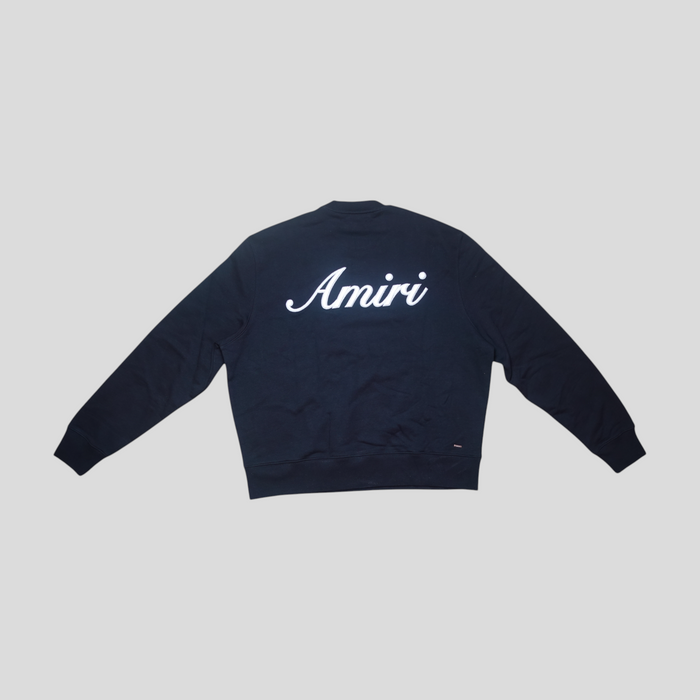 CLB XXIII black Amiri crewneck sweatshirt with white embroidered script logo on the back, made of 100% cotton.