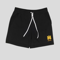 CLB XXIII Amiri black cotton sweatshorts featuring a gold monogram logo and white drawstring waist