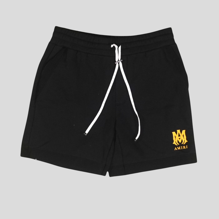 CLB XXIII Amiri black cotton sweatshorts featuring a gold monogram logo and white drawstring waist