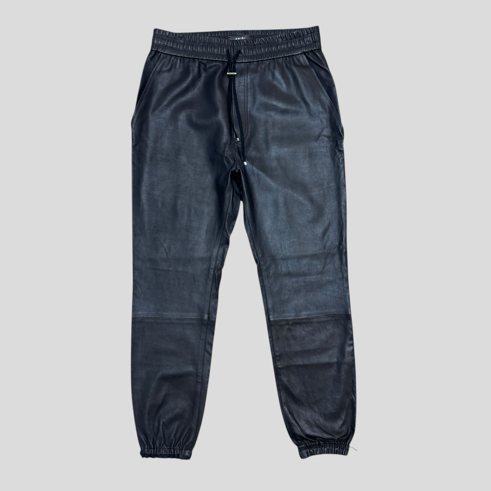 CLB XXIII Amiri black genuine leather drawstring pants with elasticated cuffs and waistband