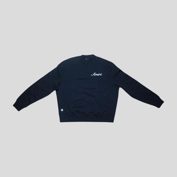 CLB XXIII black Amiri crewneck sweatshirt with white embroidered script logo and ribbed cuffs in 100% cotton
