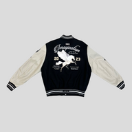 CLB XXIII AMIRI oversized black varsity jacket with cream leather sleeves and white Pegasus embroidery on the back.