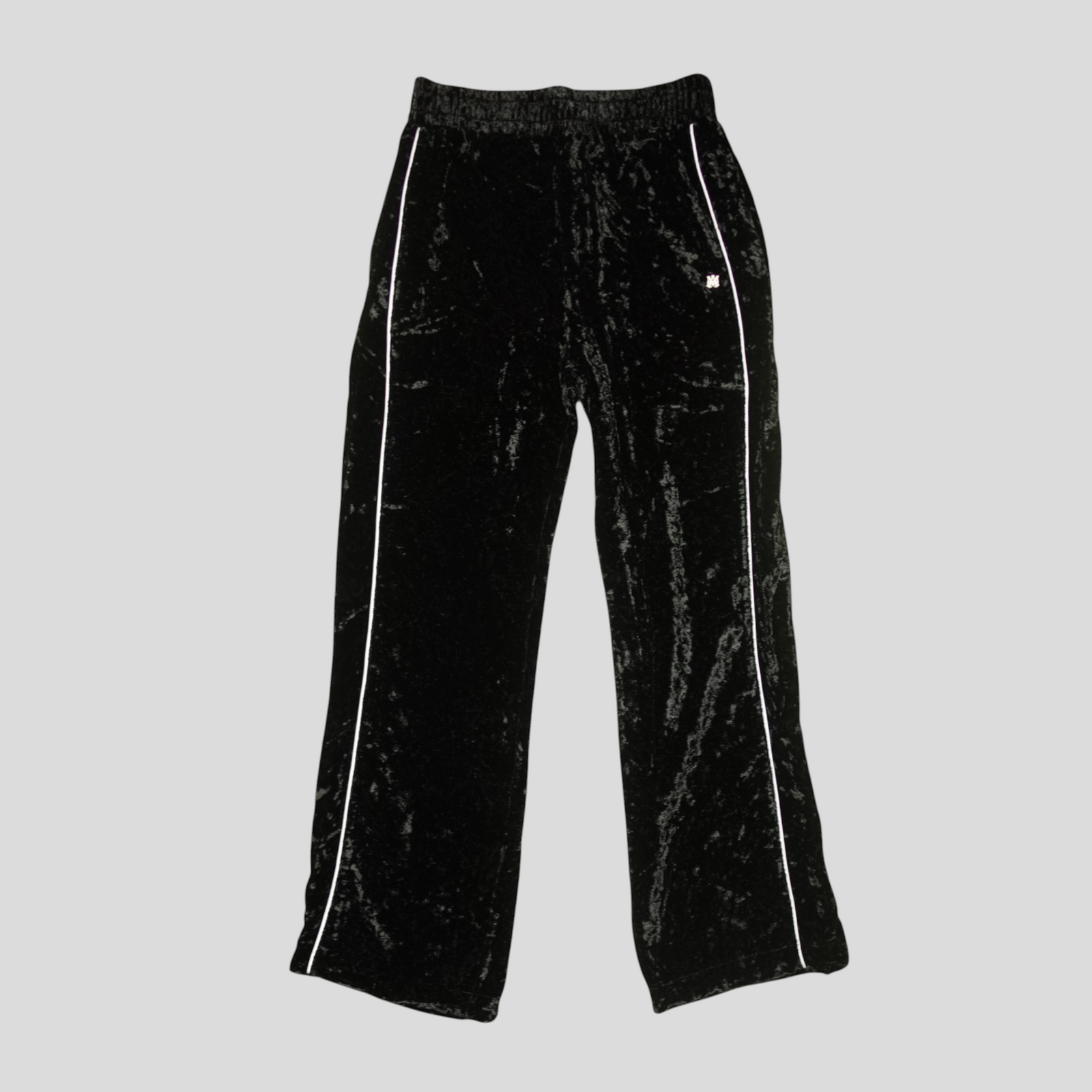 CLB XXIII Amiri black crushed velvet track pants with white side stripe detailing and elasticated waistband.
