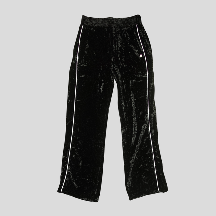 CLB XXIII Amiri black crushed velvet track pants with white side stripe detailing and elasticated waistband.