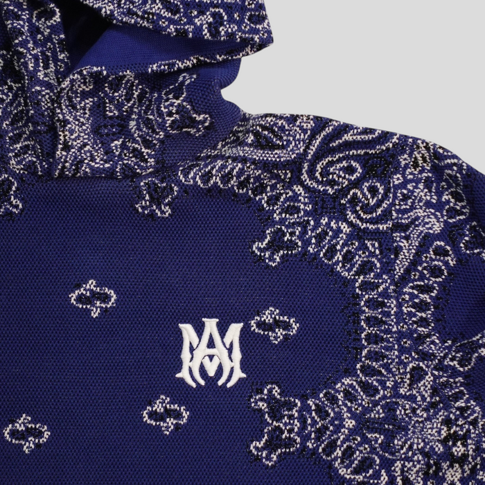 CLB XXIII Amiri royal blue cotton and cashmere basketball hoodie with white bandana print and embroidered logo