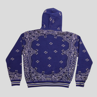 CLB XXIII Amiri royal blue cotton and cashmere basketball hoodie featuring a white bandana print and striped hem