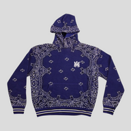 CLB XXIII Amiri royal blue cotton and cashmere basketball hoodie with white bandana print and logo embroidery