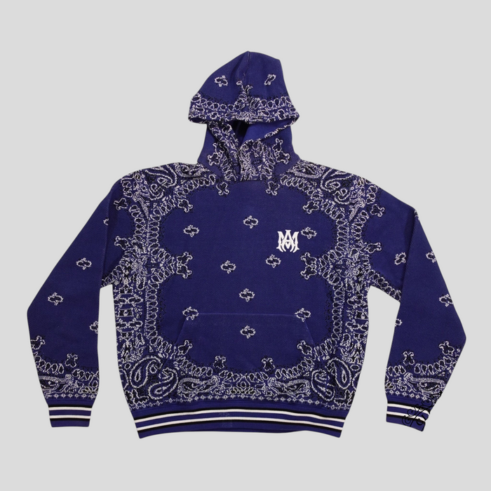 CLB XXIII Amiri royal blue cotton and cashmere basketball hoodie with white bandana print and logo embroidery