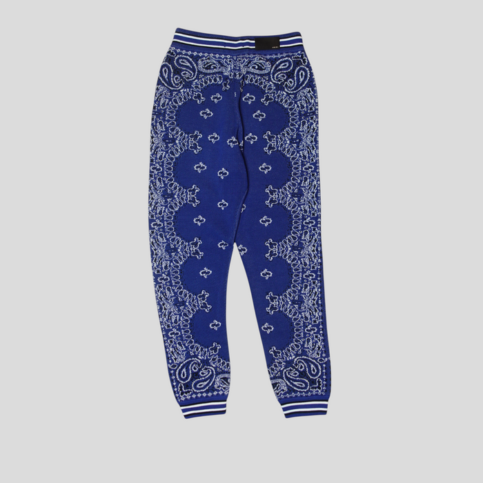 CLB XXIII Amiri blue cotton basketball sweatpants featuring a white knitted bandana jacquard pattern and striped cuffs.