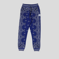 CLB XXIII Amiri blue cotton knitted basketball sweatpants featuring a white bandana jacquard pattern and striped cuffs