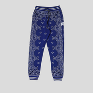 CLB XXIII Amiri blue cotton knitted basketball sweatpants featuring a white bandana jacquard pattern and striped cuffs