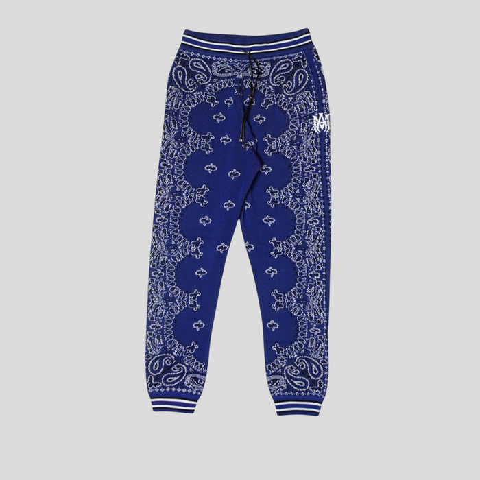 CLB XXIII Amiri blue cotton knitted basketball sweatpants featuring a white bandana jacquard pattern and striped cuffs