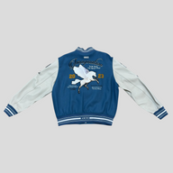 CLB XXIII Amiri oversized varsity jacket in blue and white with Pegasus embroidery and varsity-style lettering