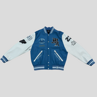 CLB XXIII Amiri oversized blue and white varsity jacket with embroidered patches and snap button closure