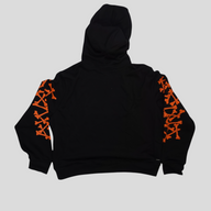 CLB XXIII Amiri Bones hoodie in black cotton with orange bone graphics on the sleeves, back view.