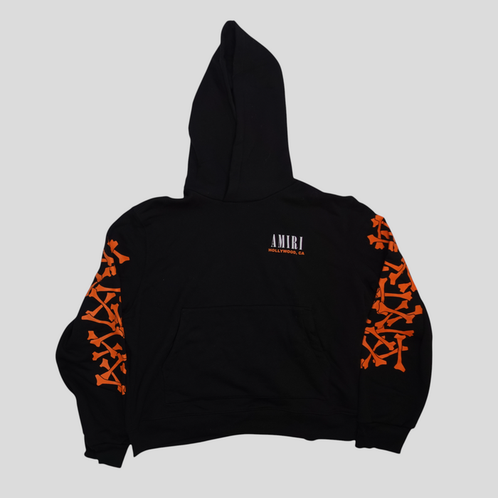 CLB XXIII black cotton Amiri Bones hoodie with orange bone graphic print on sleeves and logo on chest
