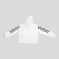 CLB XXIII white Amiri Bones hoodie featuring black bone graphic print on sleeves, crafted from 100% cotton