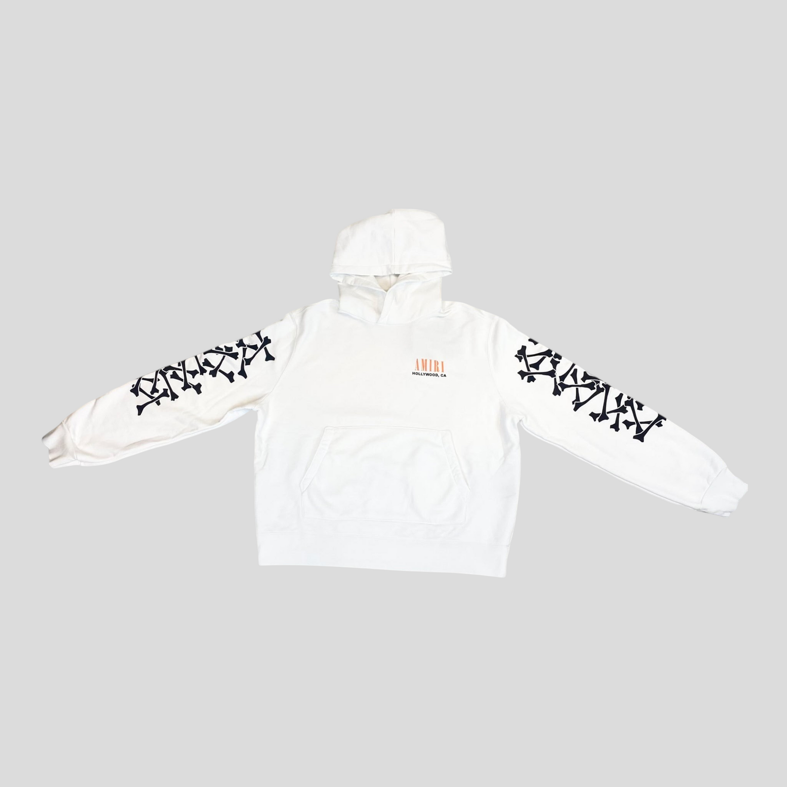 CLB XXIII white Amiri Bones hoodie in 100% cotton with black bone graphics on sleeves and small chest logo