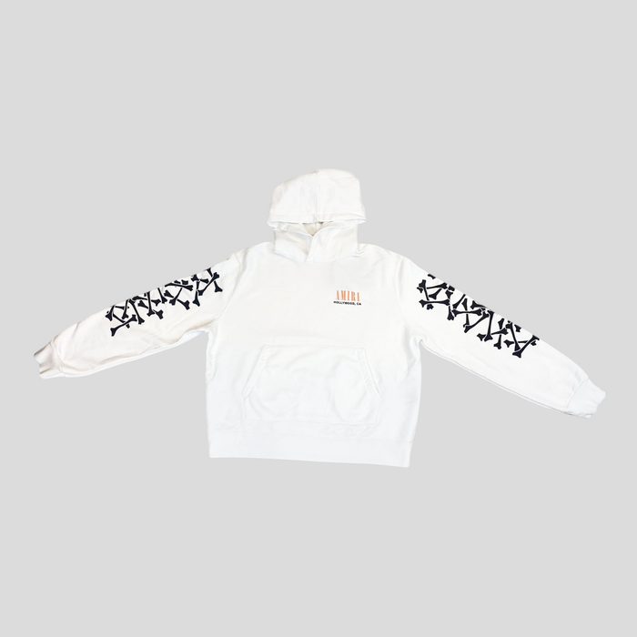CLB XXIII white Amiri Bones hoodie in 100% cotton with black bone graphics on sleeves and small chest logo
