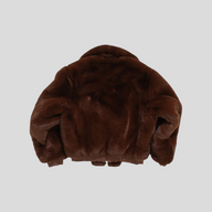 CLB XXIII Amiri cropped zip-up jacket in dark brown faux fur with a ribbed hem and collar, back view.