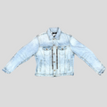 CLB XXIII Amiri MX2 clay indigo denim trucker jacket with distressed finish, zip pockets, and biker-style elbows.