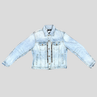 CLB XXIII Amiri MX2 clay indigo denim trucker jacket with distressed finish, zip pockets, and biker-style elbows.