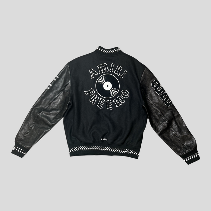 CLB XXIII Amiri X DJ Premier black wool and leather varsity jacket with back graphic and studded trim